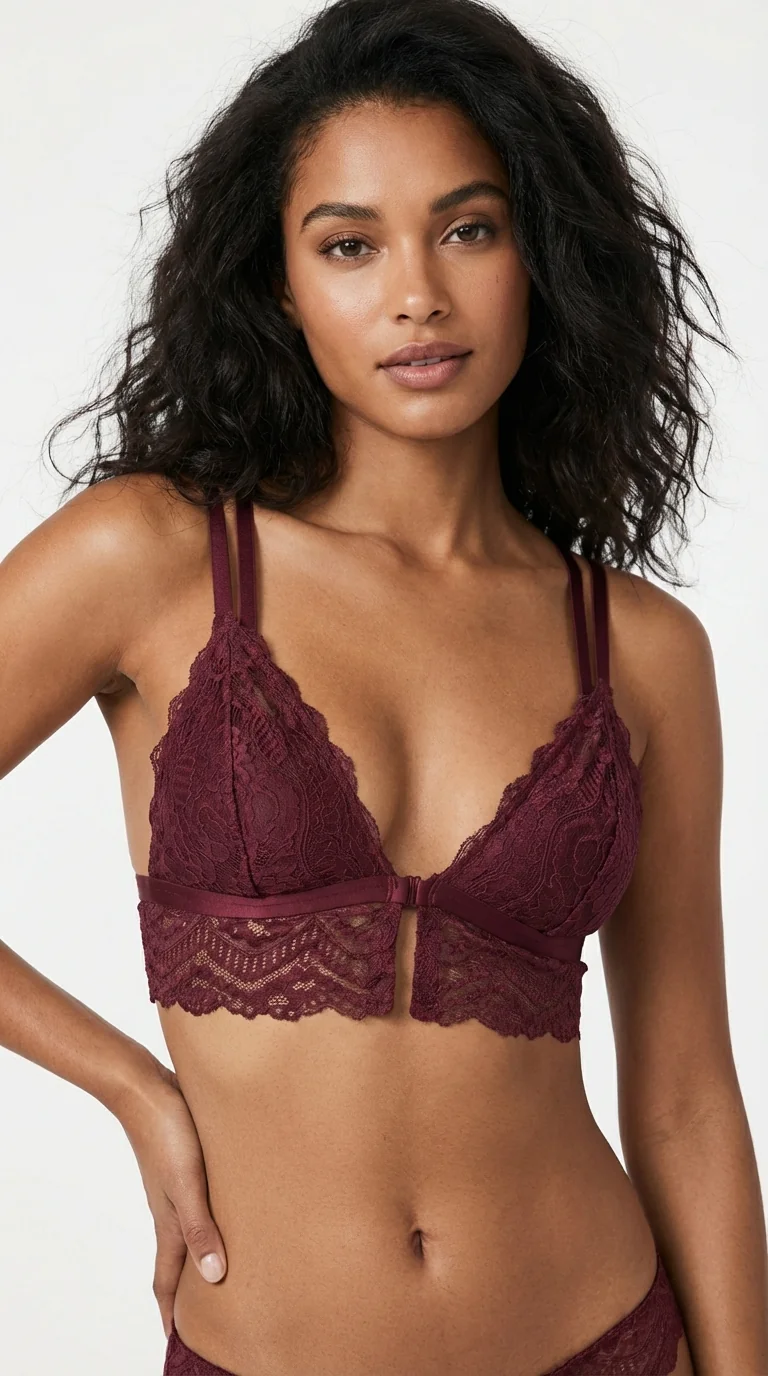 LunaIntim Bordo Dantelli Bralet Sütyen Desteksiz (Boş Kap) ve Balensiz Üçgen Model - Arka Görünüm